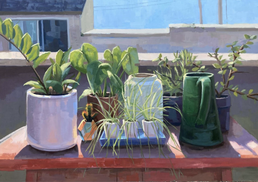 painting of plants in pots outside on a sunny day with the beach in the horizon